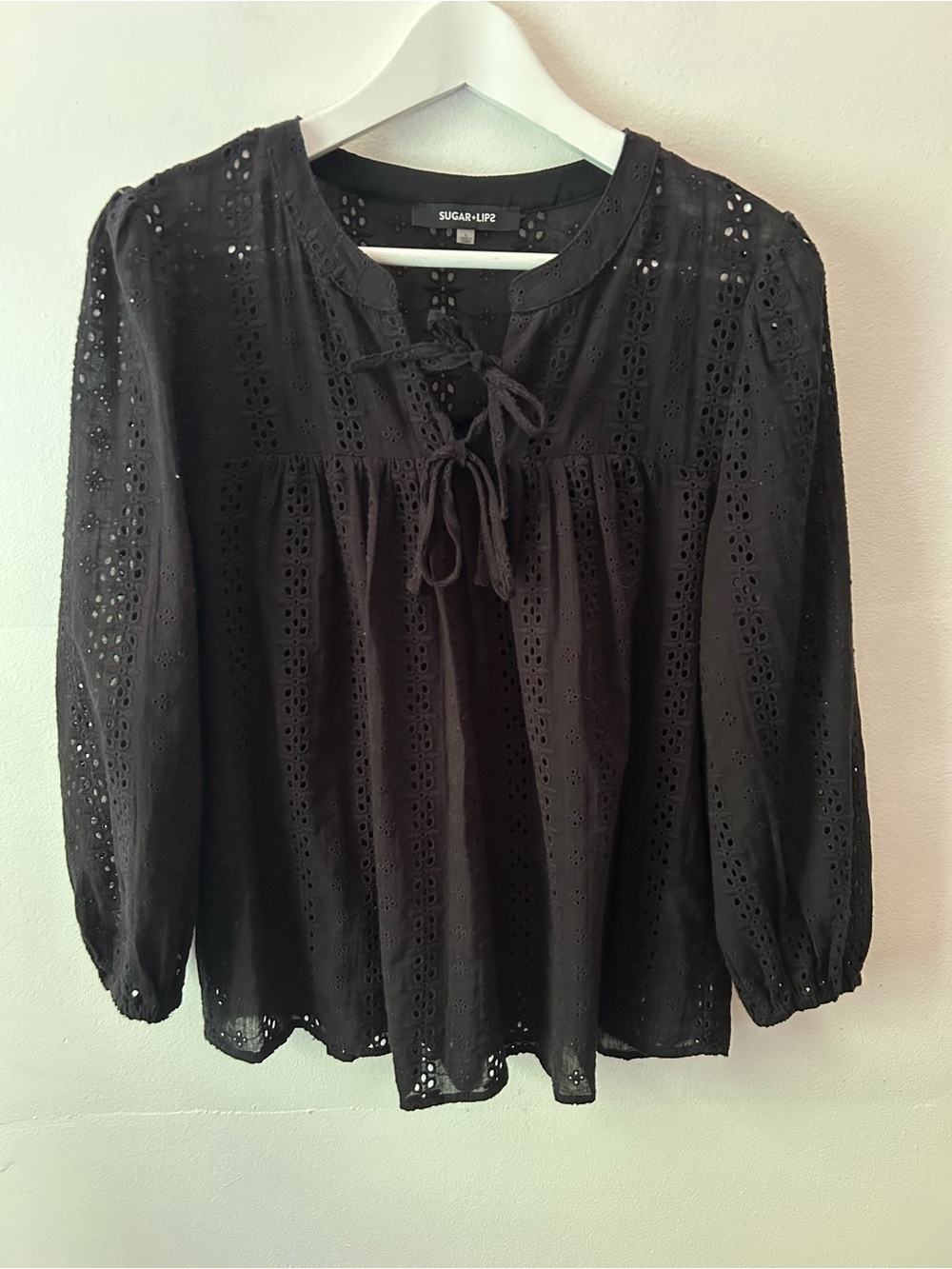 Sugar Lips Black Eyelet Double Tie 100% Cotton Peasant Boho Blouse Large